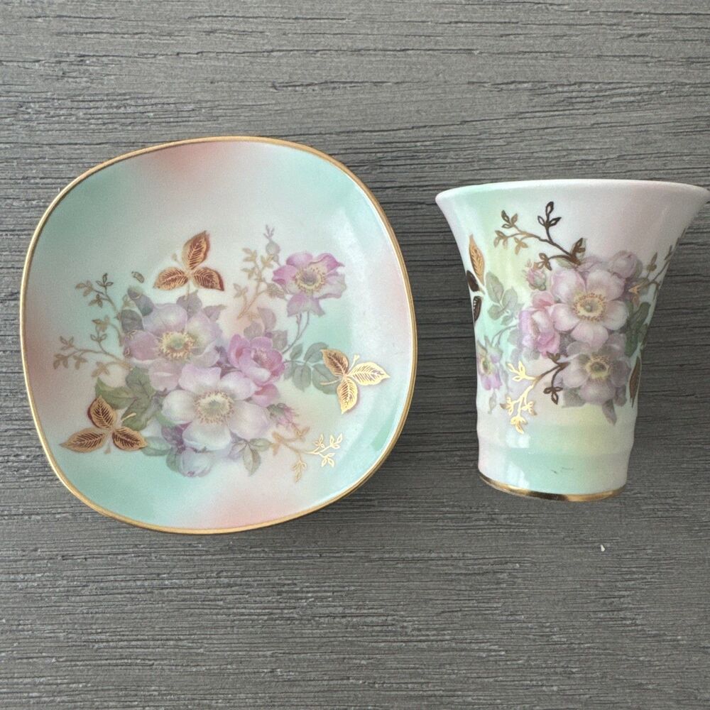 Vintage Bavaria Arzberg Schumann Wild Rose Dish Vase Set Small Goldtrim Germany